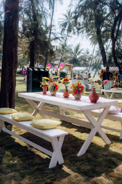Tablescape and Floral detail — Mehendi decor — ITC Grand Goa
